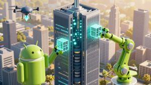 Футуристическая иллюстрация процесса масштабирования SaaS в корпоративном секторе через Android-интеграции от компании Би Симпл